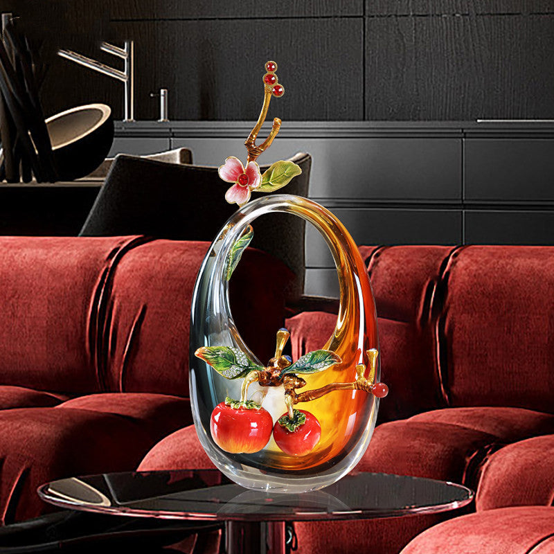 Distance view of sculpture on luxury coffee table setting