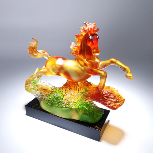 Angled view of translucent art glass horse statue