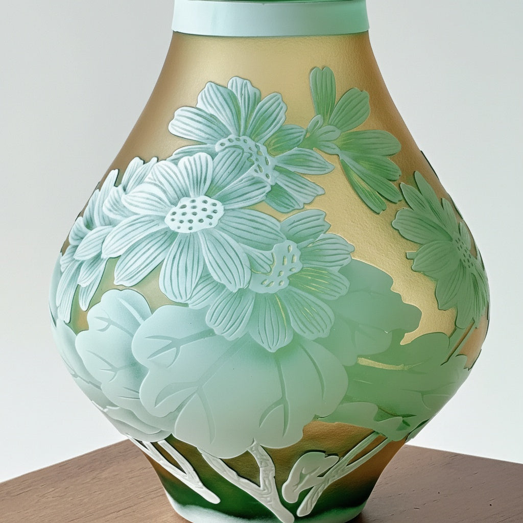 Close up of amber and green cameo glass vase with floral relief