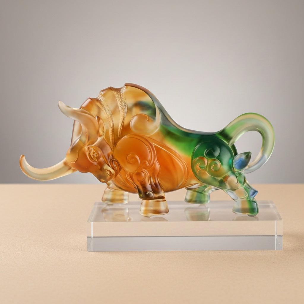 Amber and green gradient glass bull sculpture side view