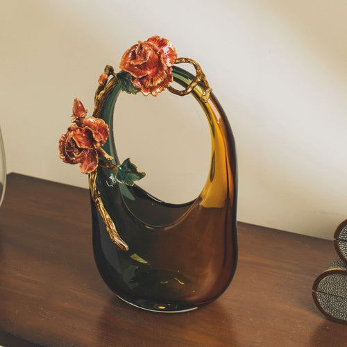 Amber and green gradient glass vase with metal rose detail