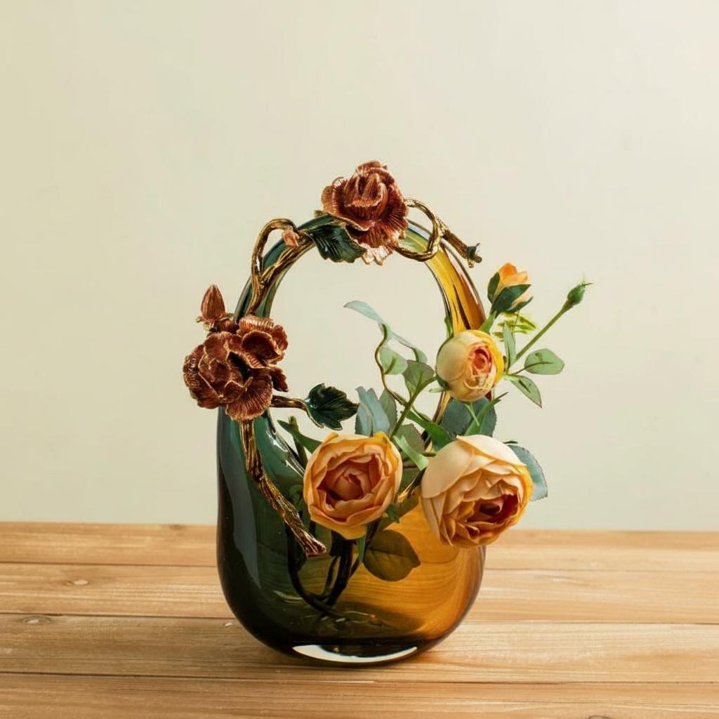 Luxury glass vase with floral arrangement on wooden table