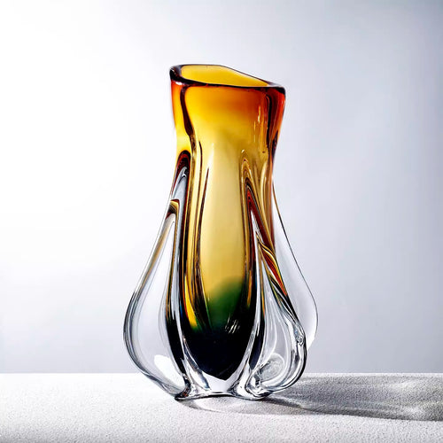 Front view of amber and green gradient glass vase