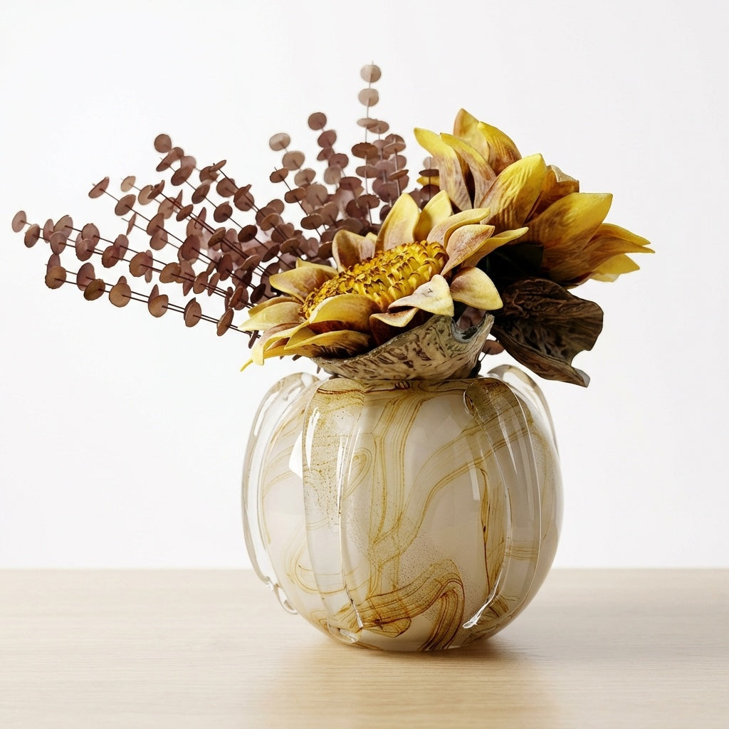 Amber marbled porcelain ribbed vase globe shape with sunflowers