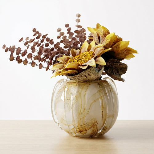 Amber marbled porcelain ribbed vase globe shape with sunflowers
