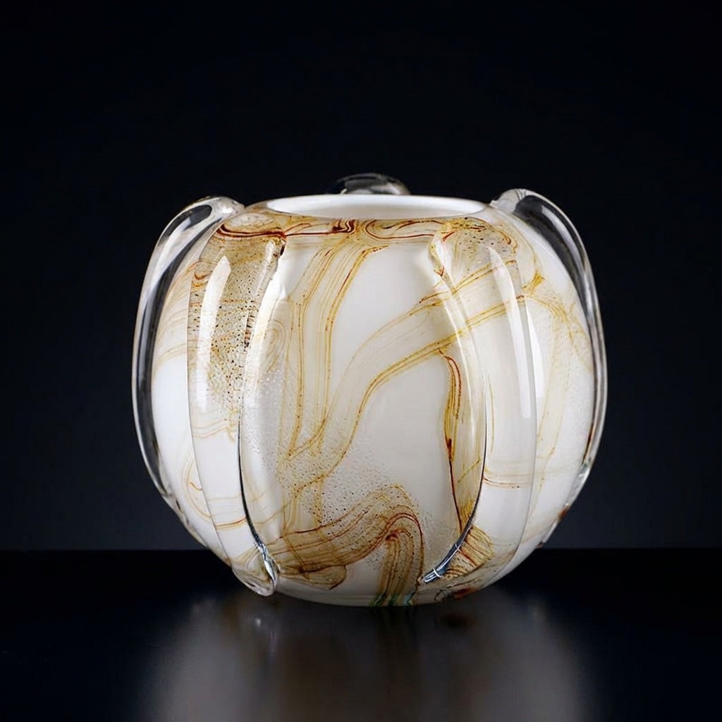 Empty amber marbled porcelain globe vase showing ribbed texture