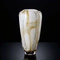 Empty tall amber marbled porcelain vase showing tapered silhouette