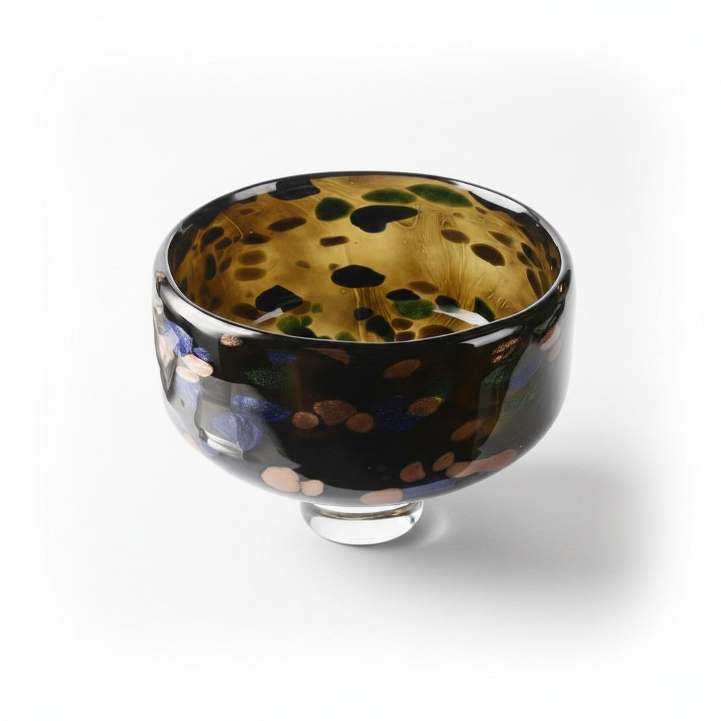 Amber and multicolor art glass footed centerpiece bowl front view