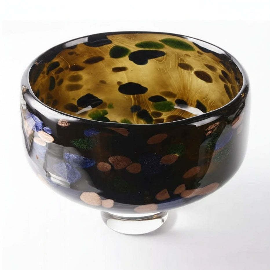Amber and multicolor art glass footed centerpiece bowl angled view