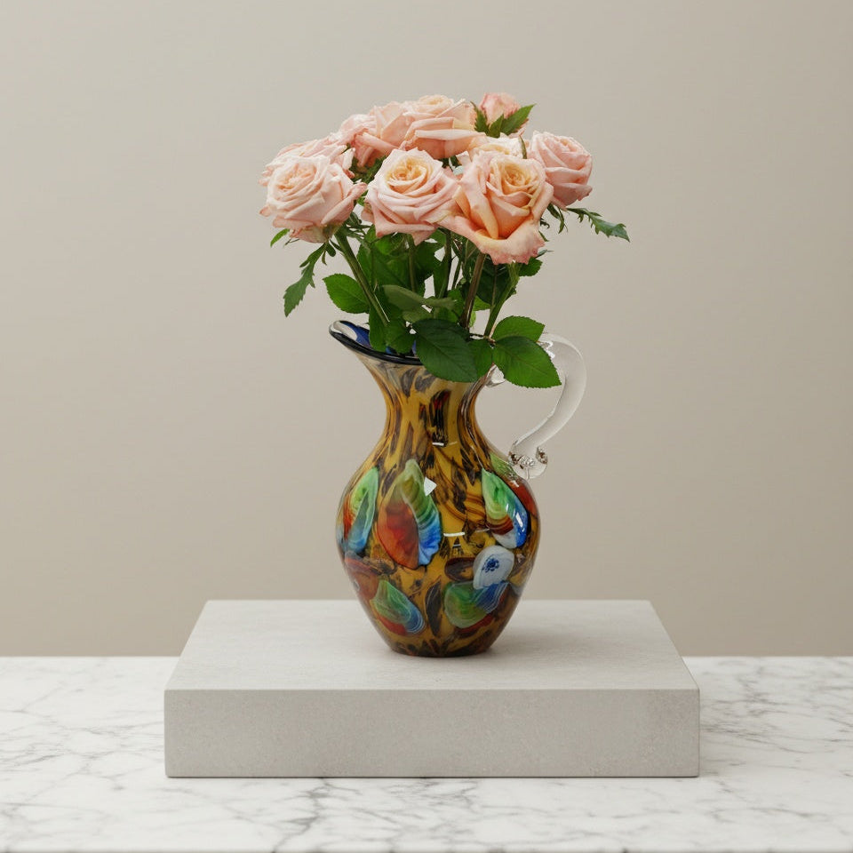 Amber and multicolor art glass pitcher vase with roses