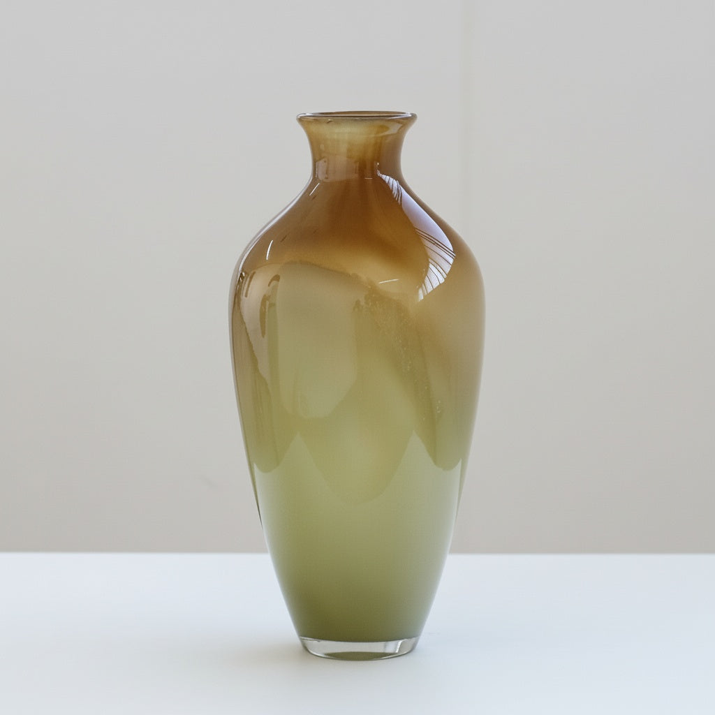 Amber and olive green gradient glass vase standalone