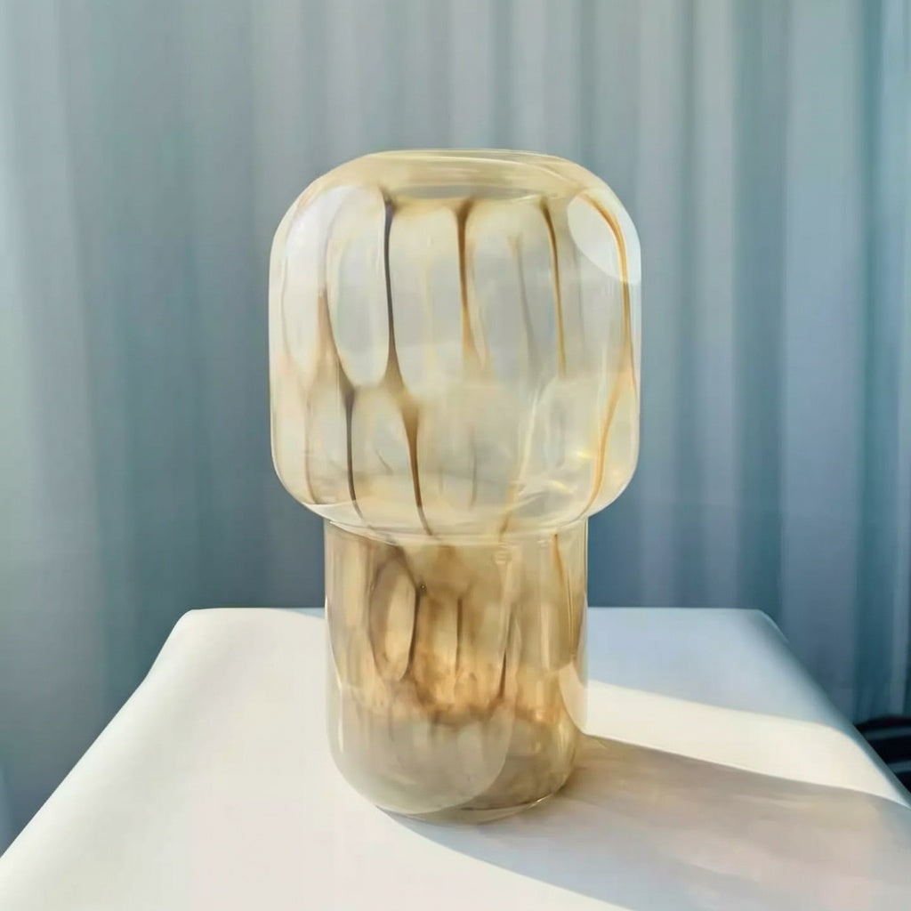 Amber patterned glass mushroom vase front view