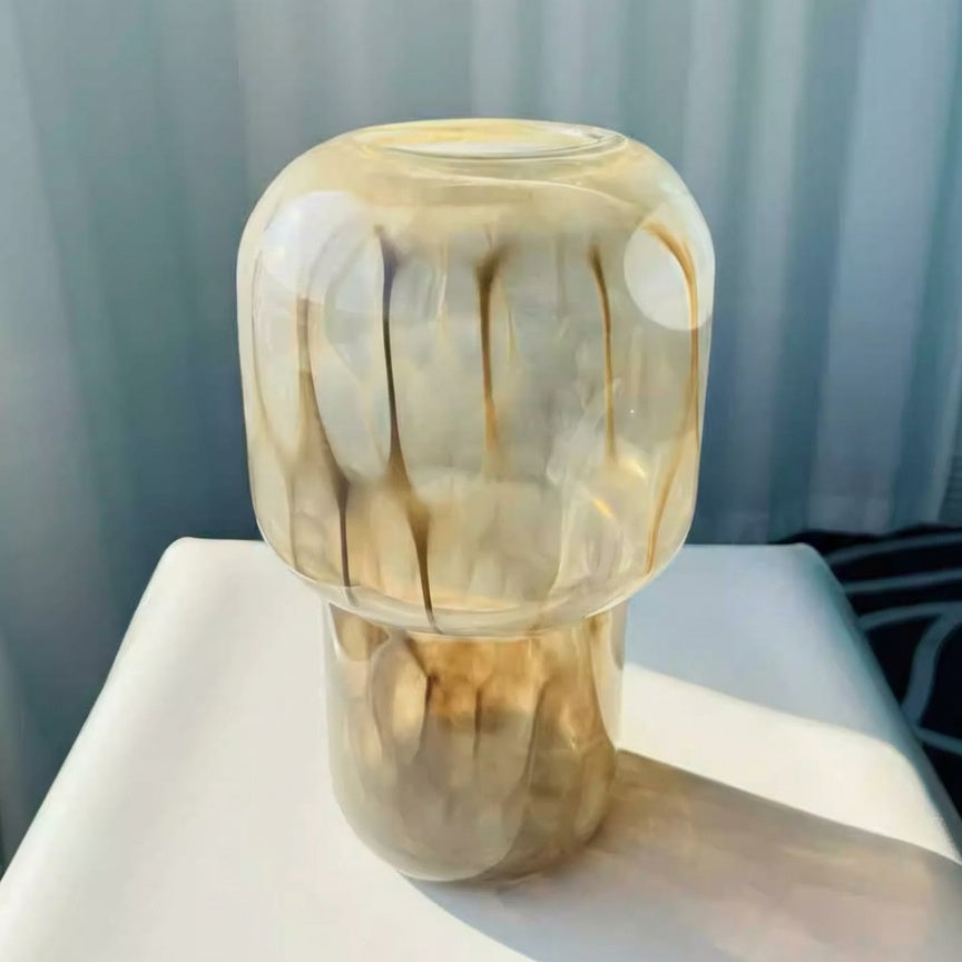 Amber patterned glass mushroom vase angled view