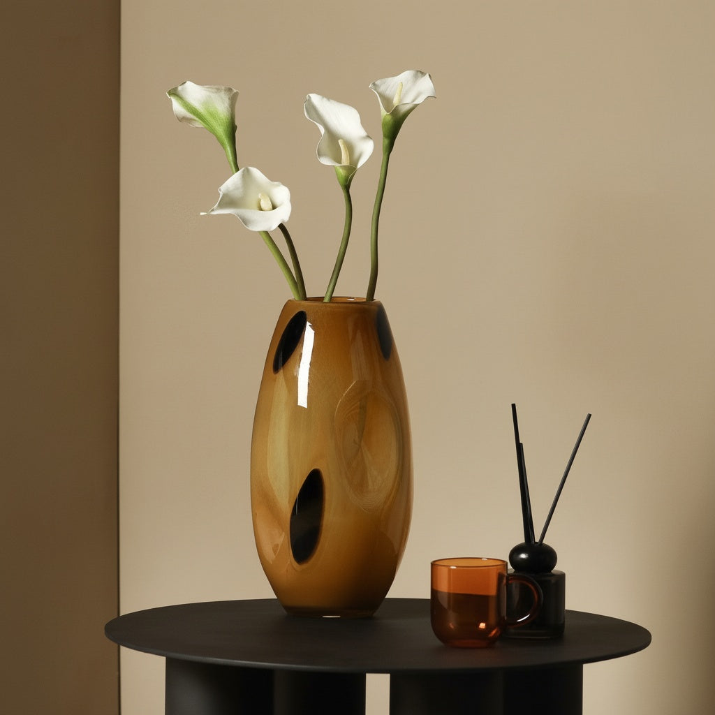 Amber Patterned Glass Oval Vase with Flowers