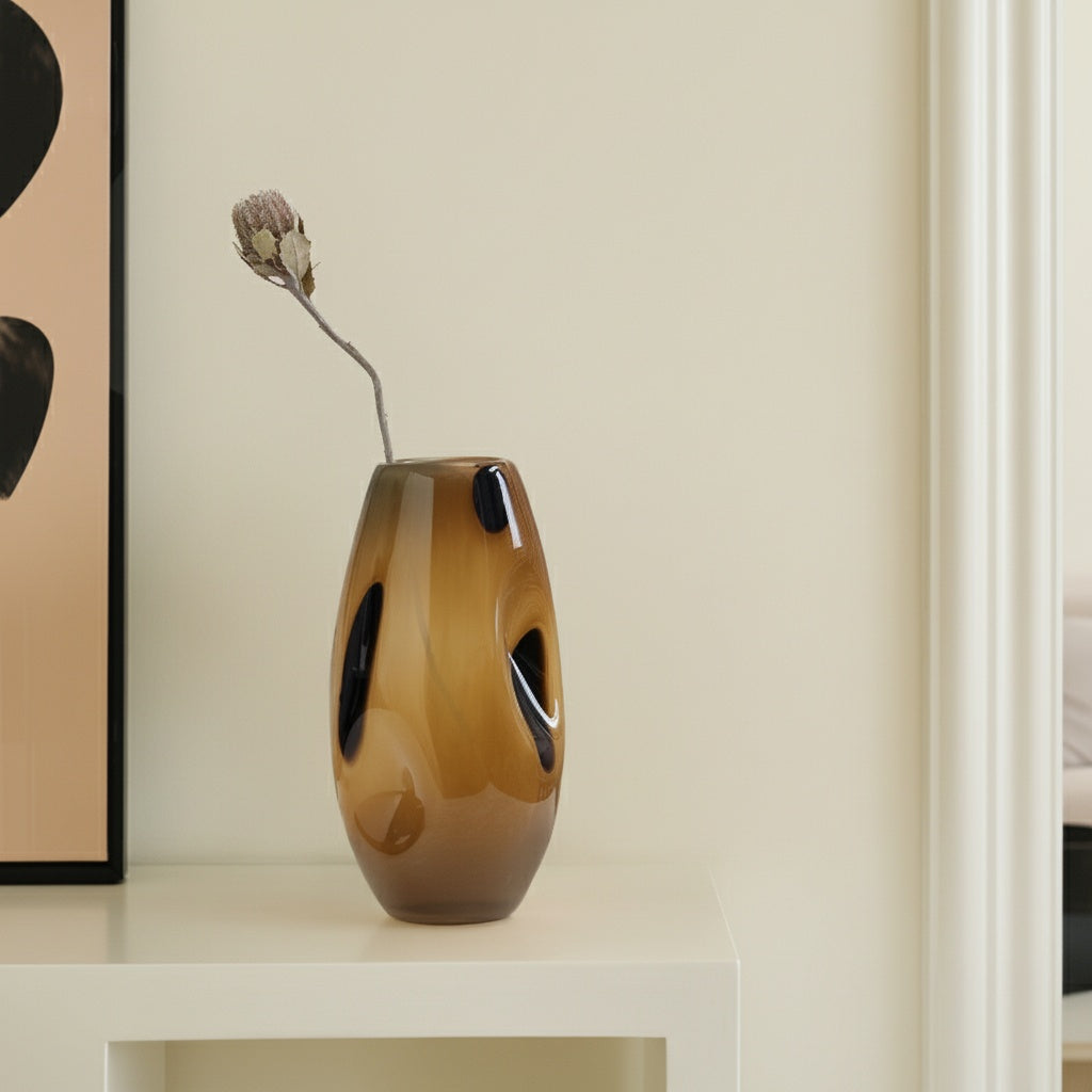 Amber Patterned Glass Oval Vase on Console