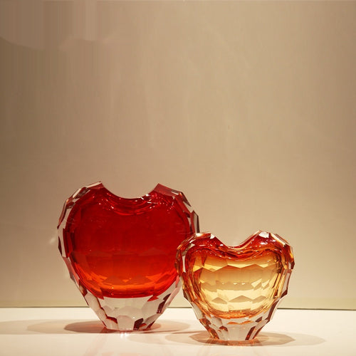 Faceted red and amber crystal heart vases set of two front view