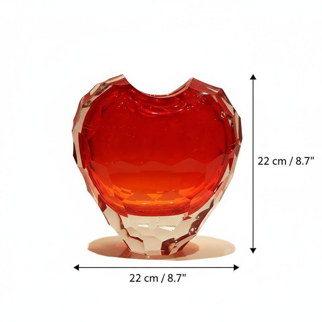 Back view of red and amber faceted glass heart vase