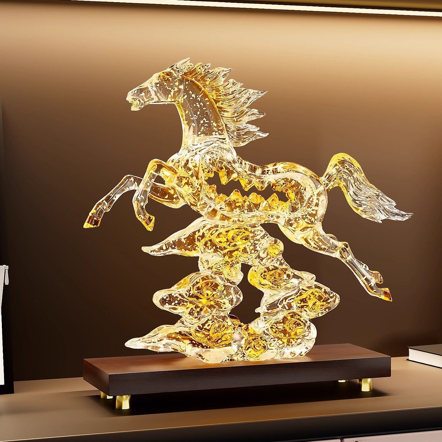 Translucent amber resin horse sculpture on wooden base side view