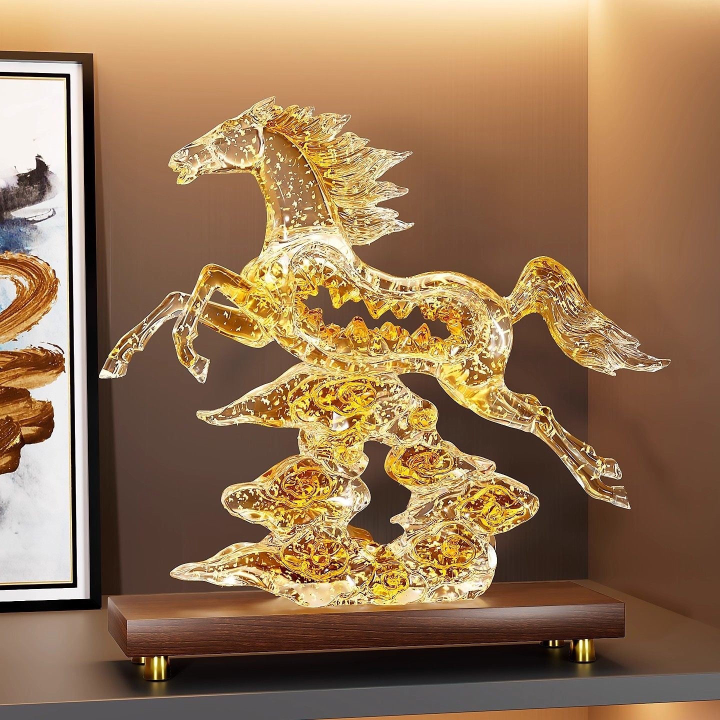 Amber horse statue with gold flecks rearing on clouds angled view