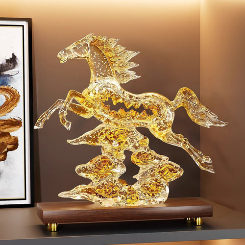 Amber horse statue with gold flecks rearing on clouds angled view