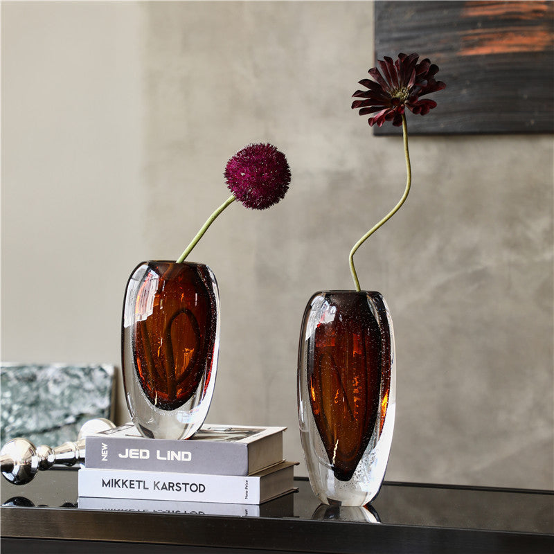 Amber seeded glass oval vase with flowers