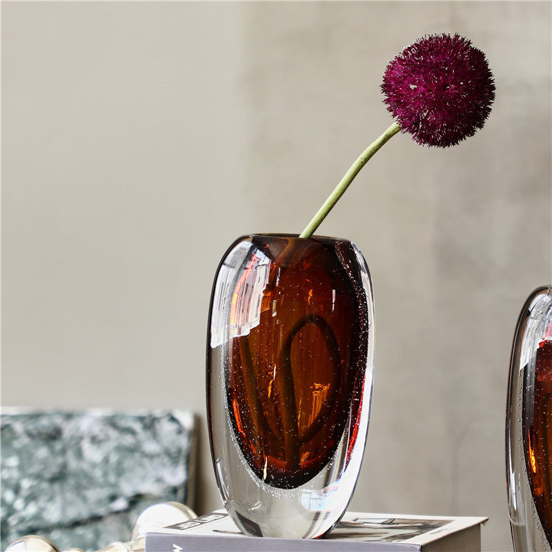 Medium amber seeded glass vase detail