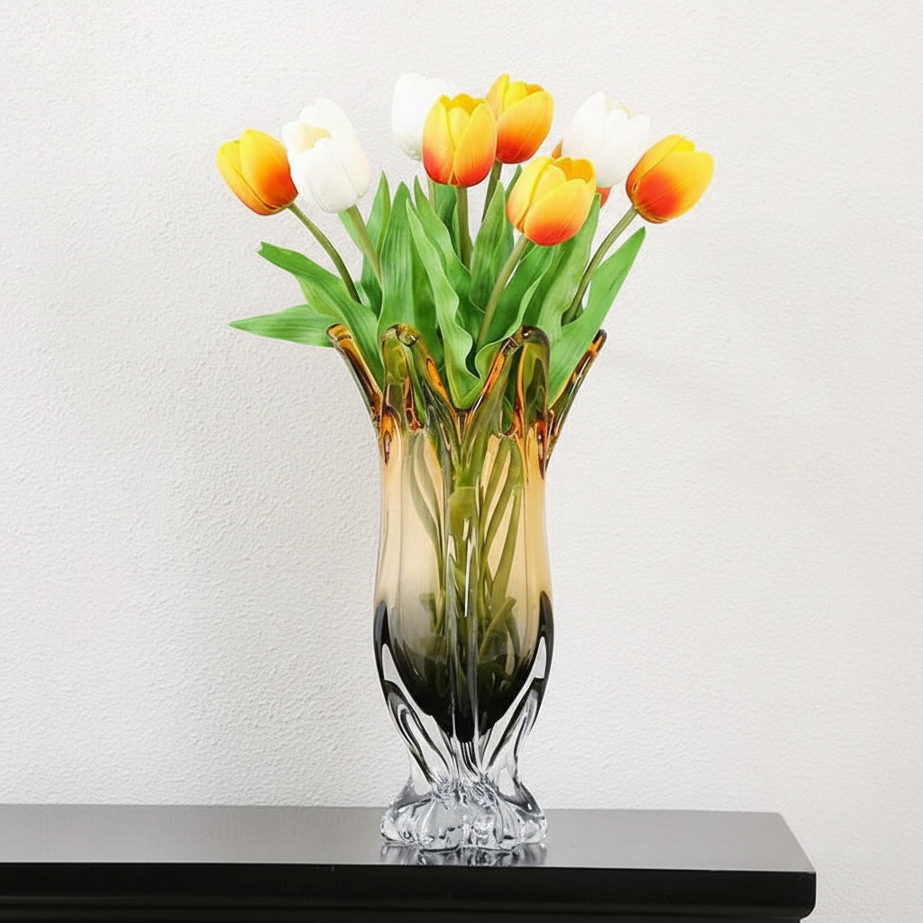 Gradient crystal glass vase with tulips showing wavy rim