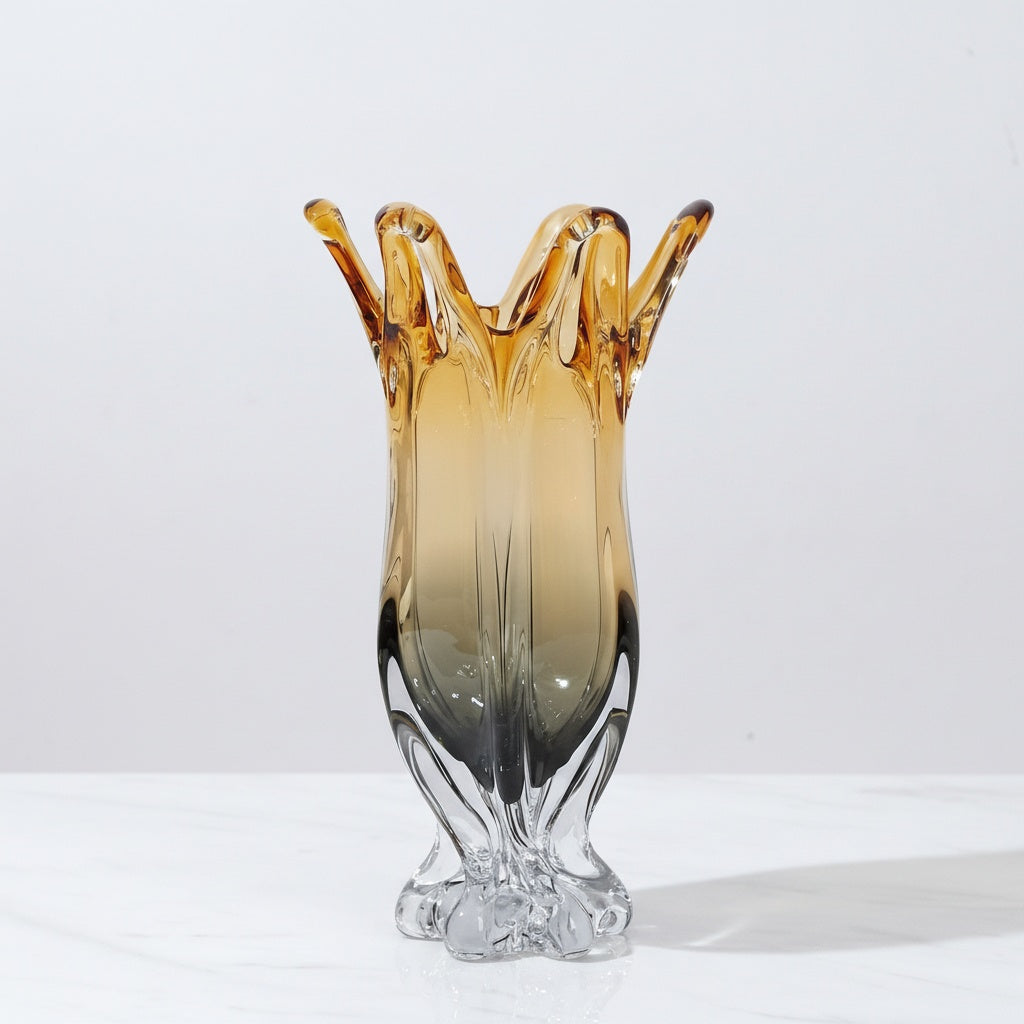 Empty amber and smoke crystal glass vase front view