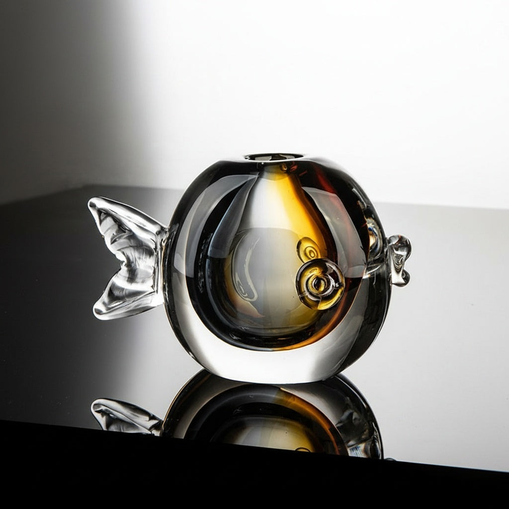 Front view of amber and smoke glass fish vase