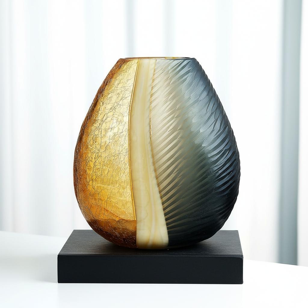 Artistic glass vase arranged with blue flowers