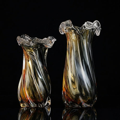 Amber and smoke twisted glass vases set of two