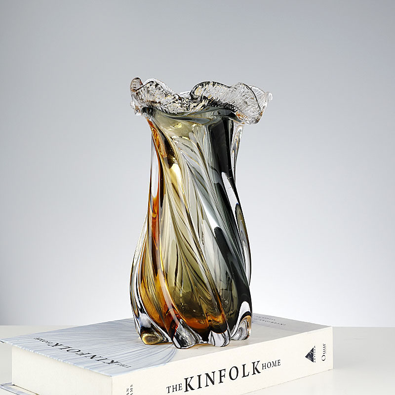 Large sculptural glass vase with amber base