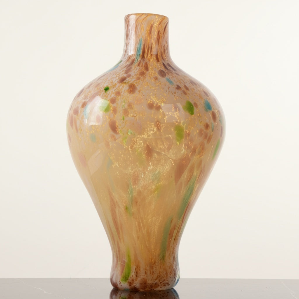 Front view of amber and green speckled art glass vase