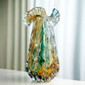 Tall amber and teal art glass vase with ruffled rim