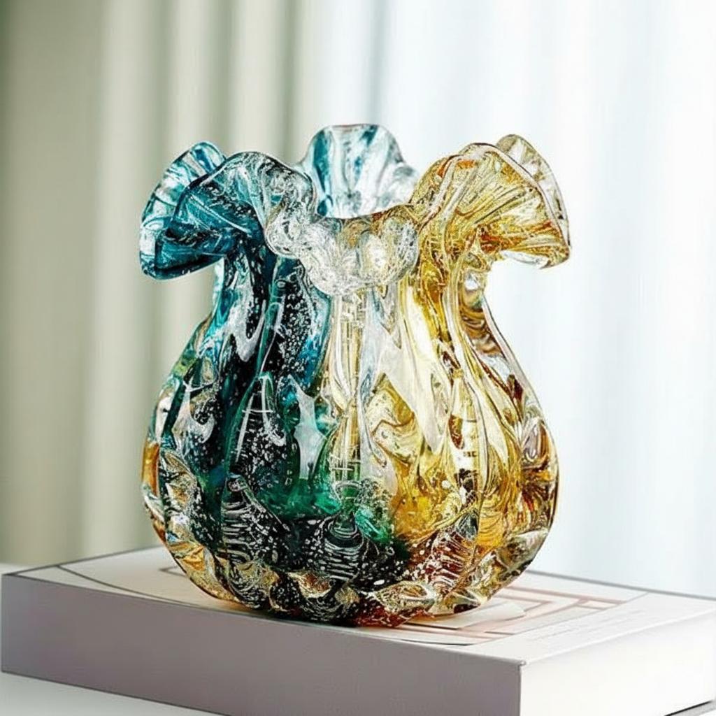 Small art glass vase styled on book