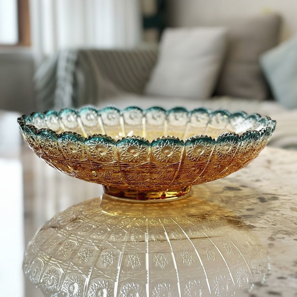 Side view of scalloped glass bowl with geometric pattern