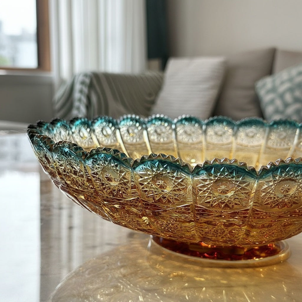 Close up detail of scalloped rim and glass texture