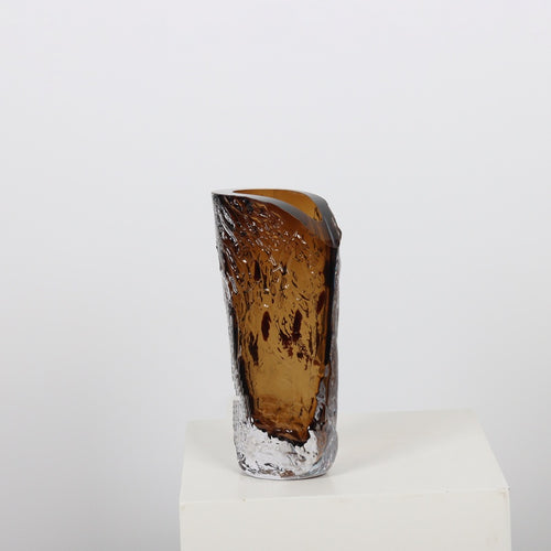 Medium amber glass vase with bark texture