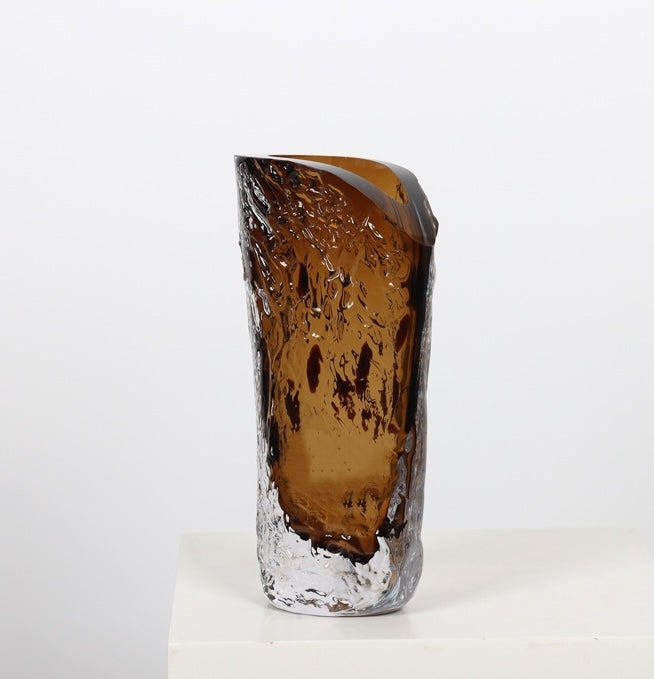 Large amber glass vase with asymmetric rim