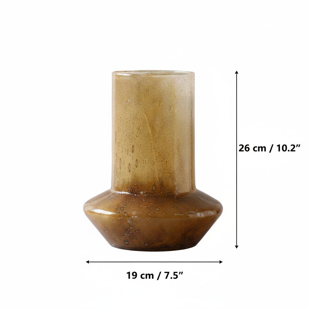 Dimensions of amber textured glass wide base vase