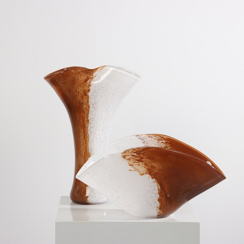 Amber and white speckled glass vases trumpet and boat shapes