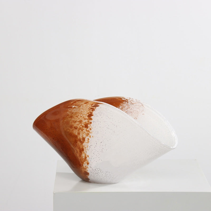 Wide amber and white speckled glass boat bowl