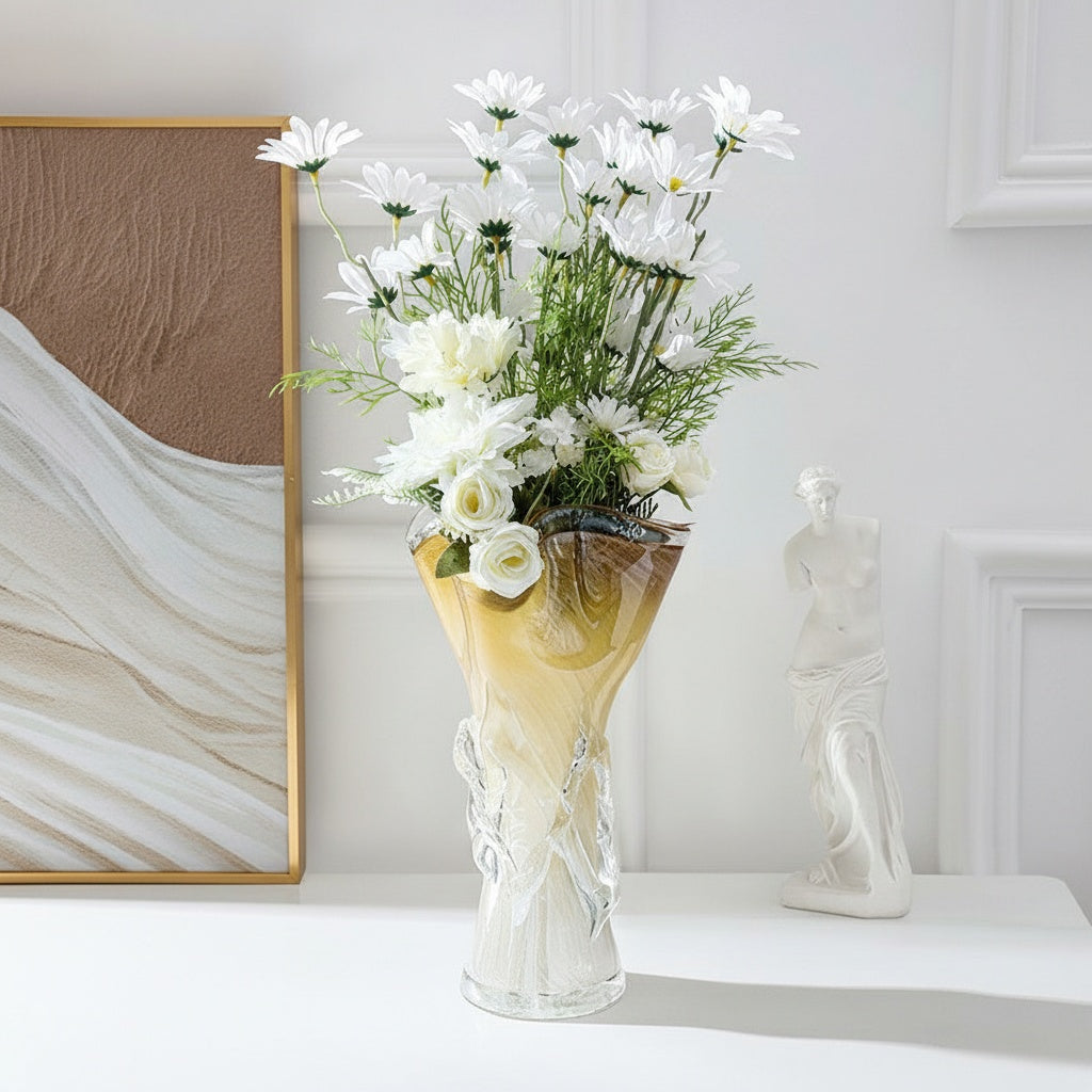 Amber swirl glass vase styled with white flowers