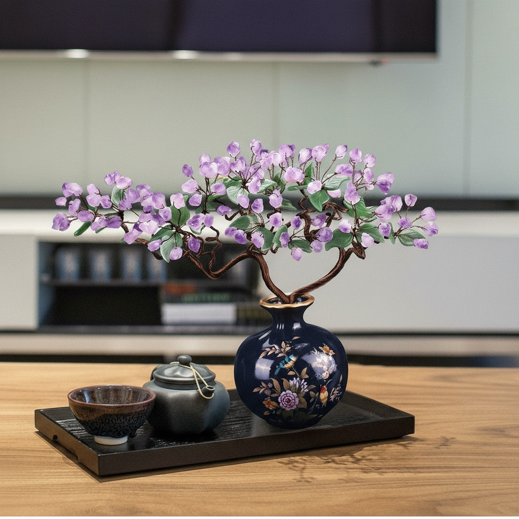 Crystal bonsai tree styling on wooden tea tray