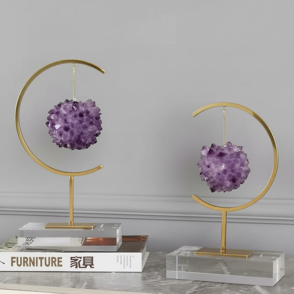 Amethyst Crystal & Gold Metal Crescent Sculpture