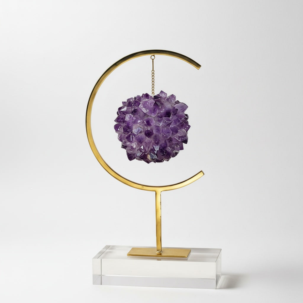 Amethyst Crystal & Gold Metal Crescent Sculpture