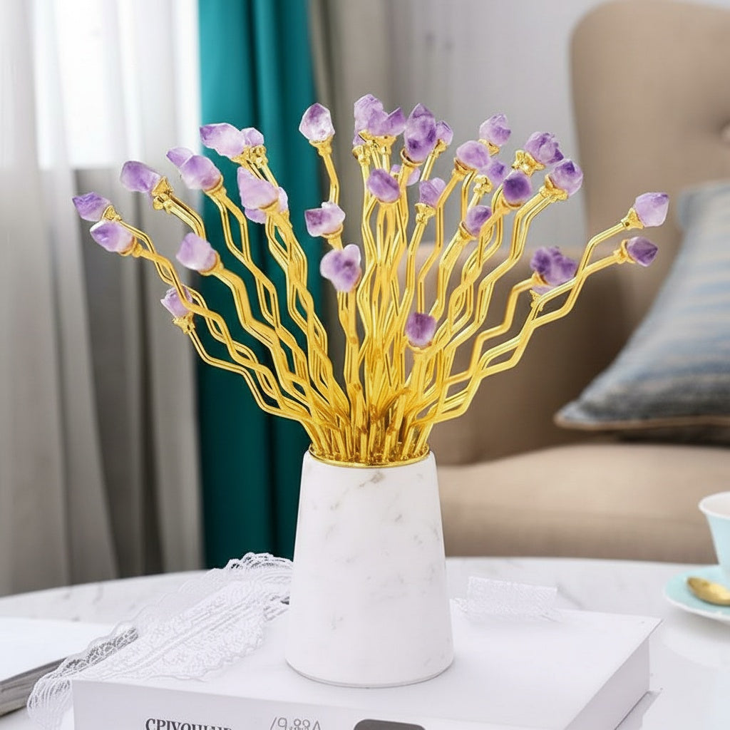 Amethyst and gold-tone metal decorative sculpture on a white table