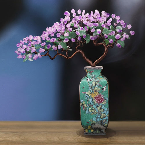 Front view of amethyst and jade copper wire bonsai in teal ceramic vase
