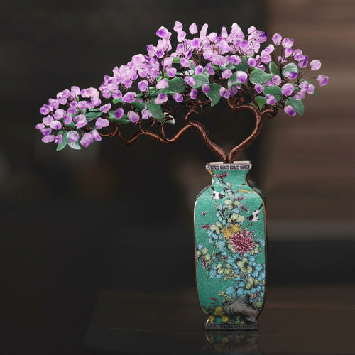 Angled view of gemstone bonsai tree showing copper trunk detail