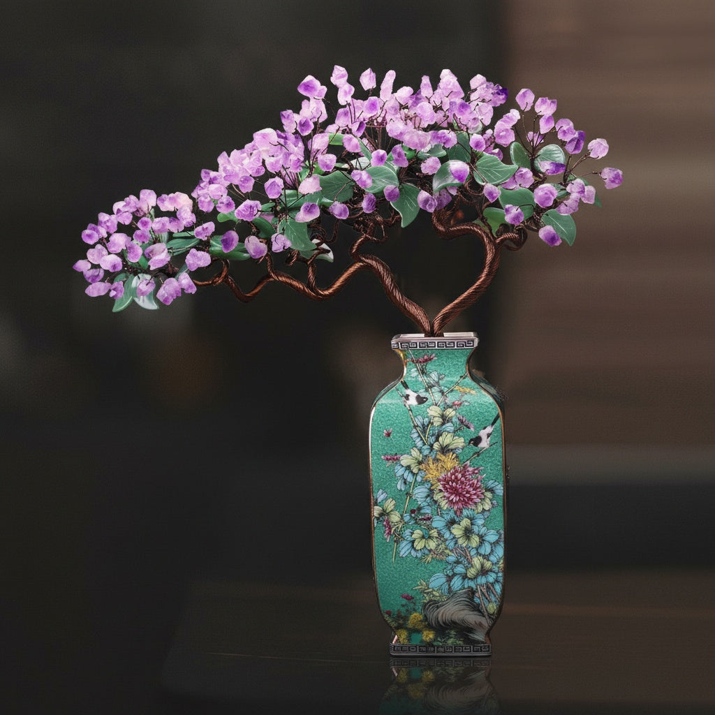 Full view of handcrafted crystal bonsai tree on dark background